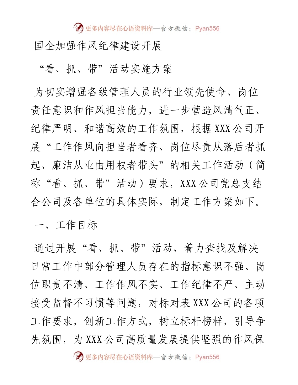 国企加强作风纪律建设开展“看、抓、带”活动实施方案.docx_第1页