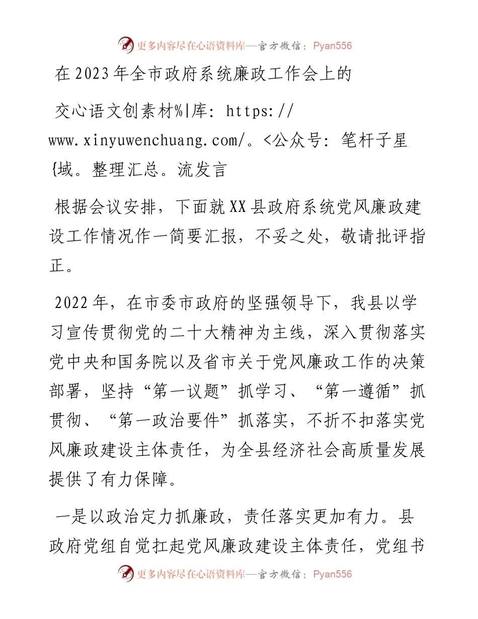在2023年全市政府系统廉政工作会上的经验交流发言.docx_第1页