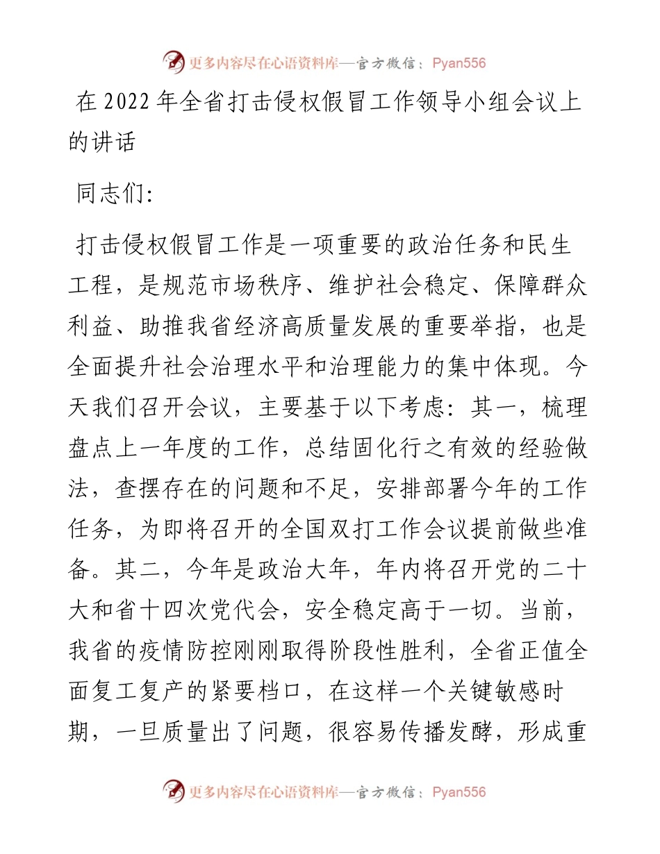 在全省打击侵权假冒工作领导小组会议上的讲话.docx_第1页