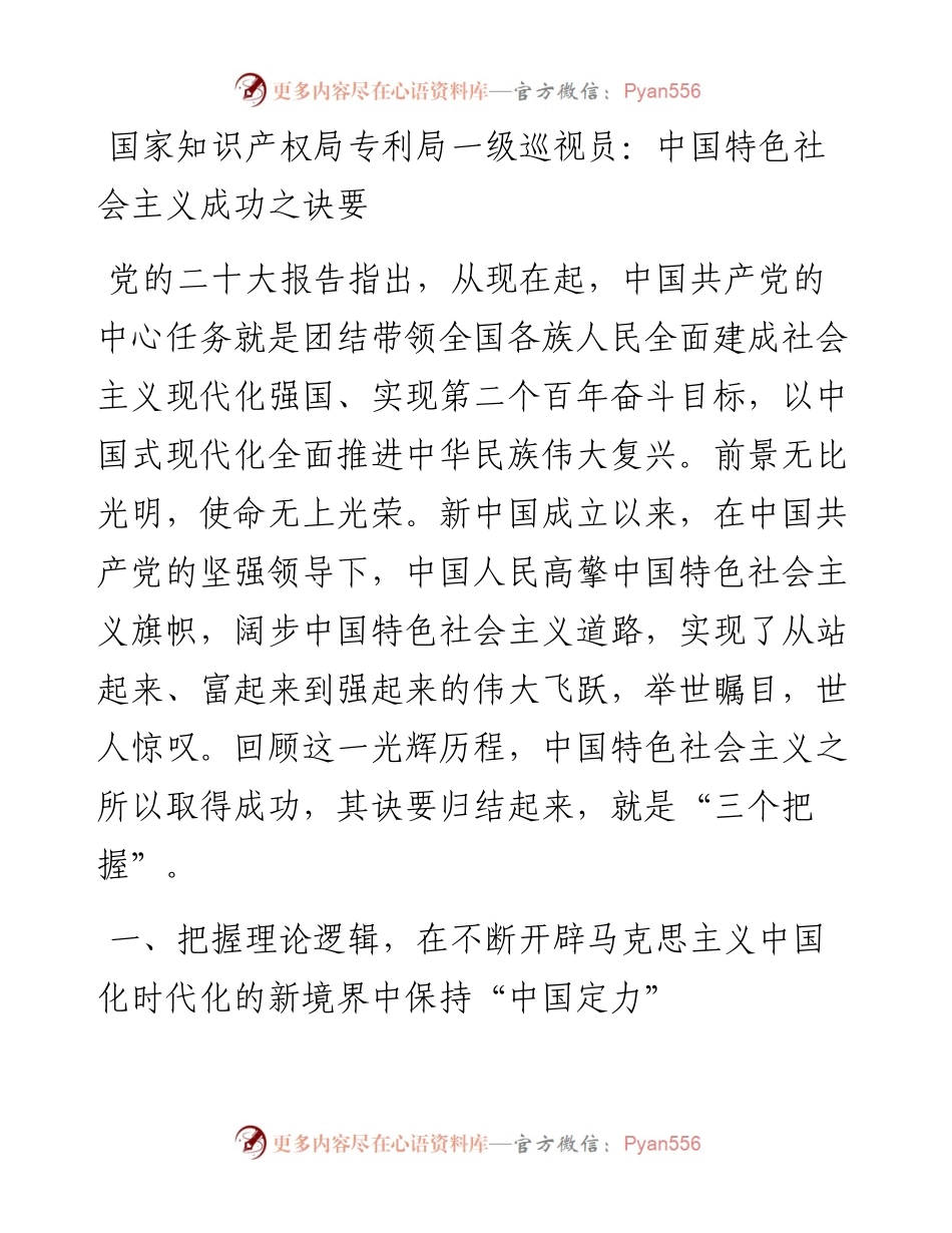 国家知识产权局专利局一级巡视员：中国特色社会主义成功之诀要（1108）.docx_第1页