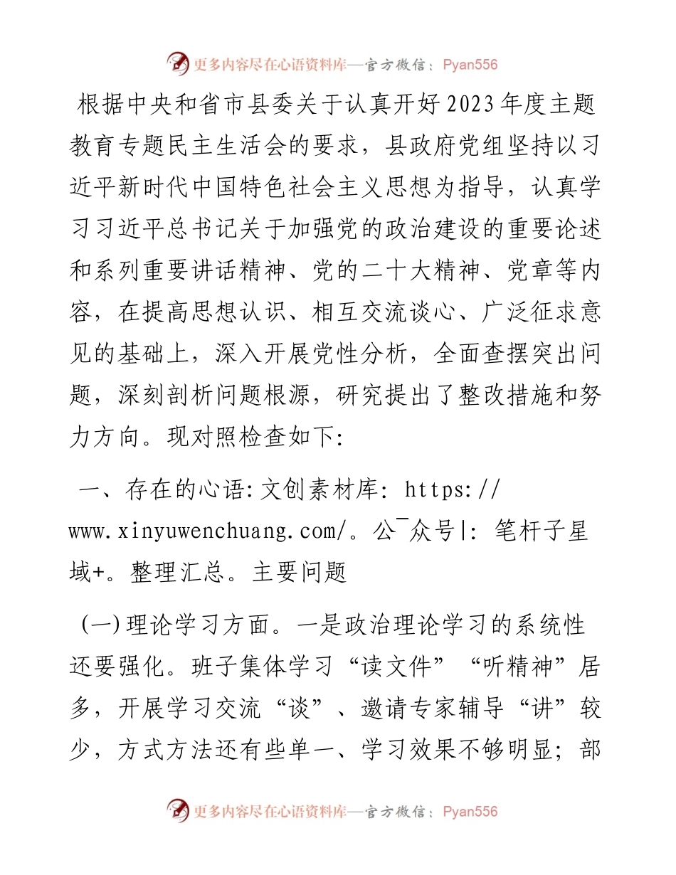县政府党组2023年度主题教育民主生活会对照检查材料.docx_第1页