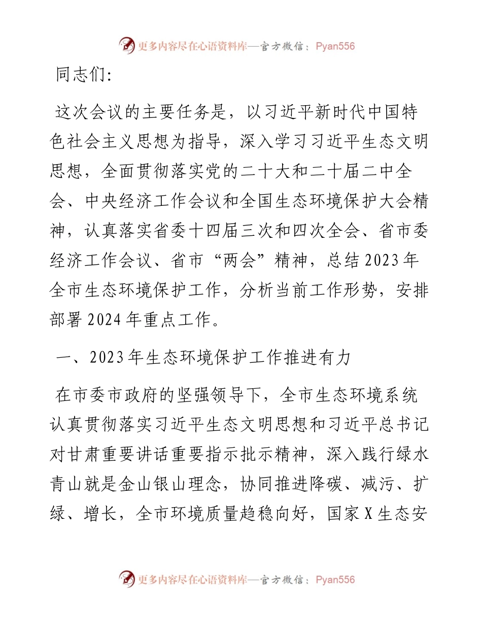在2024年全市生态环境保护工作会议上的工作报告.docx_第1页