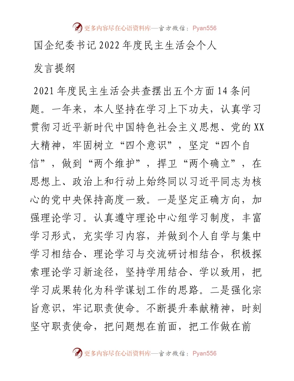 国企纪委书记度民主生活会个人发言提纲.docx_第1页
