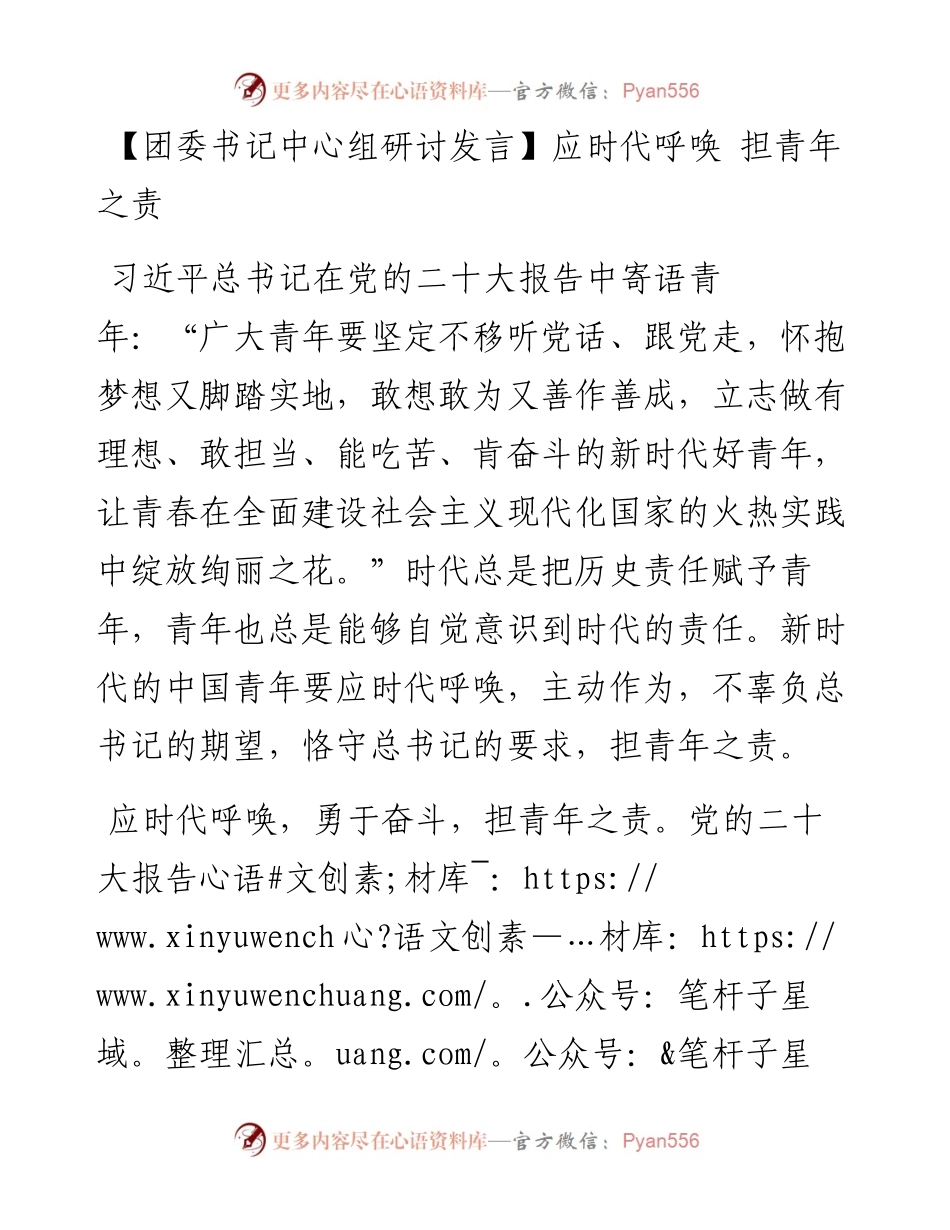 团委书记中心组研讨发言：应时代呼唤 担青年之责.docx_第1页