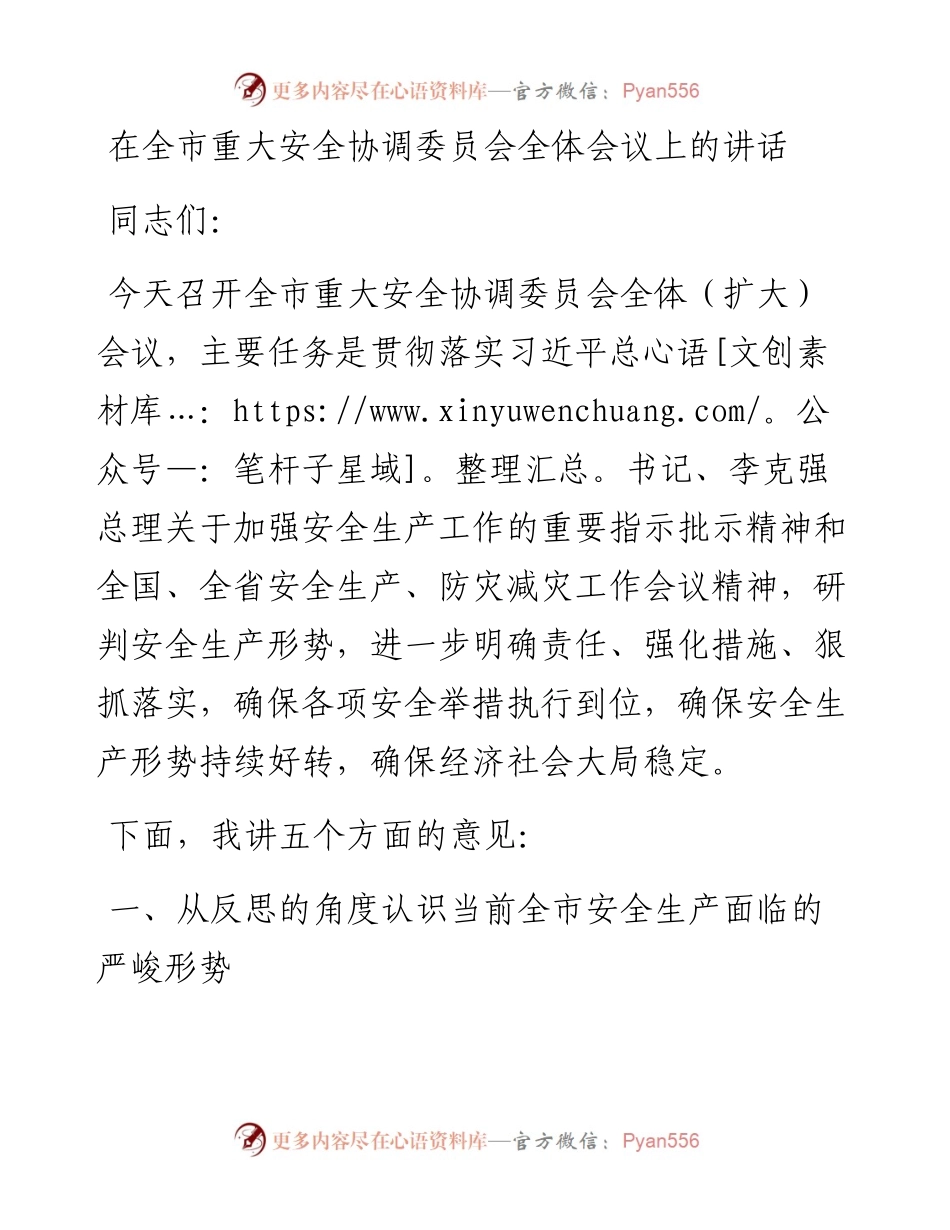 在全市重大安全协调委员会全体会议上的讲话.docx_第1页