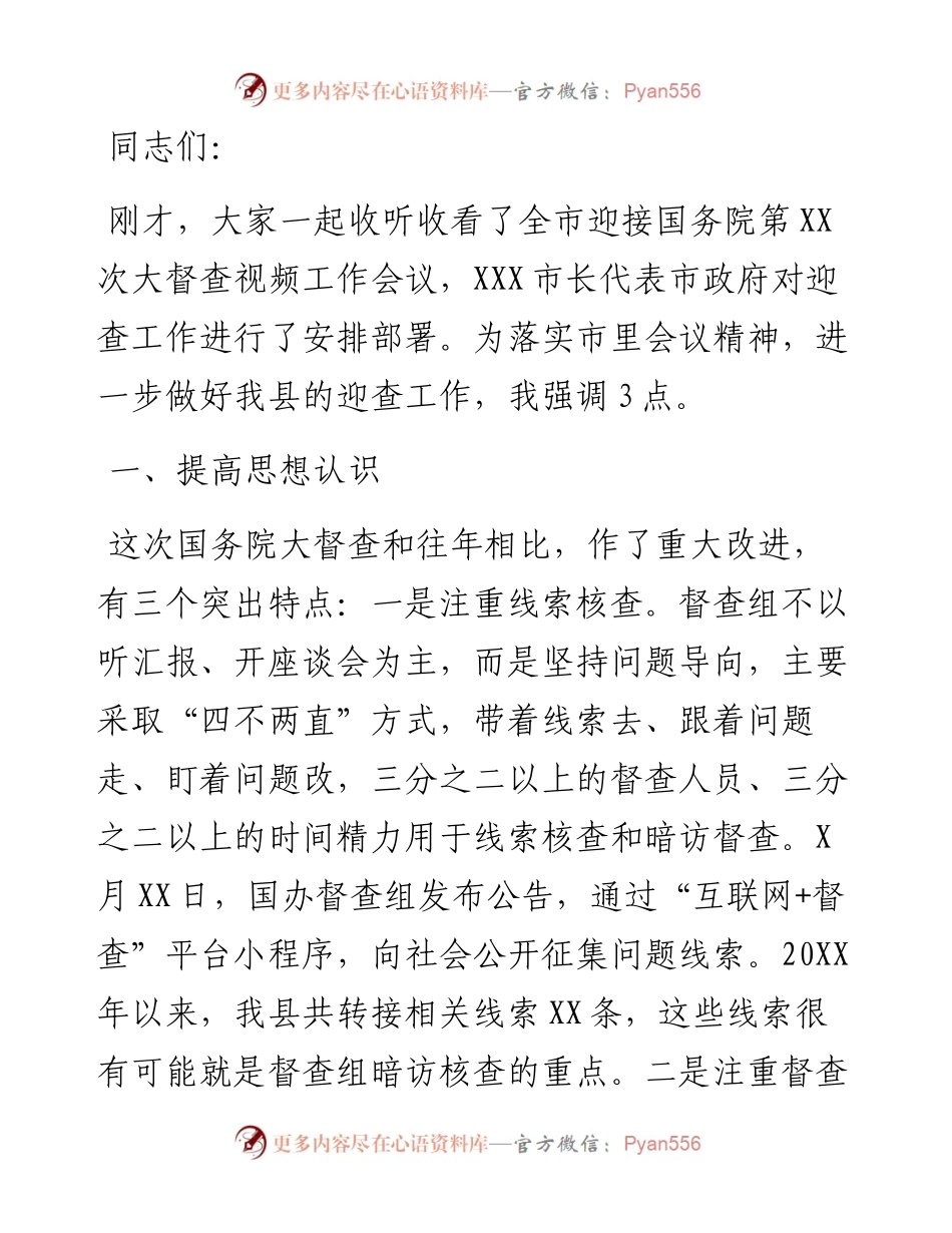 县长在做好国务院第x次大督查迎查工作会议上的讲话.docx_第1页