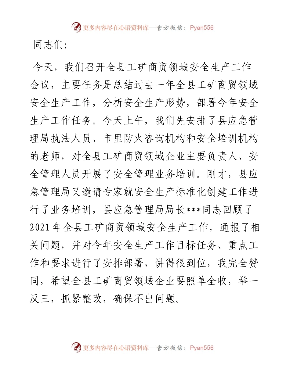 在全县工矿商贸领域安全生产工作会议上的讲话.docx_第1页