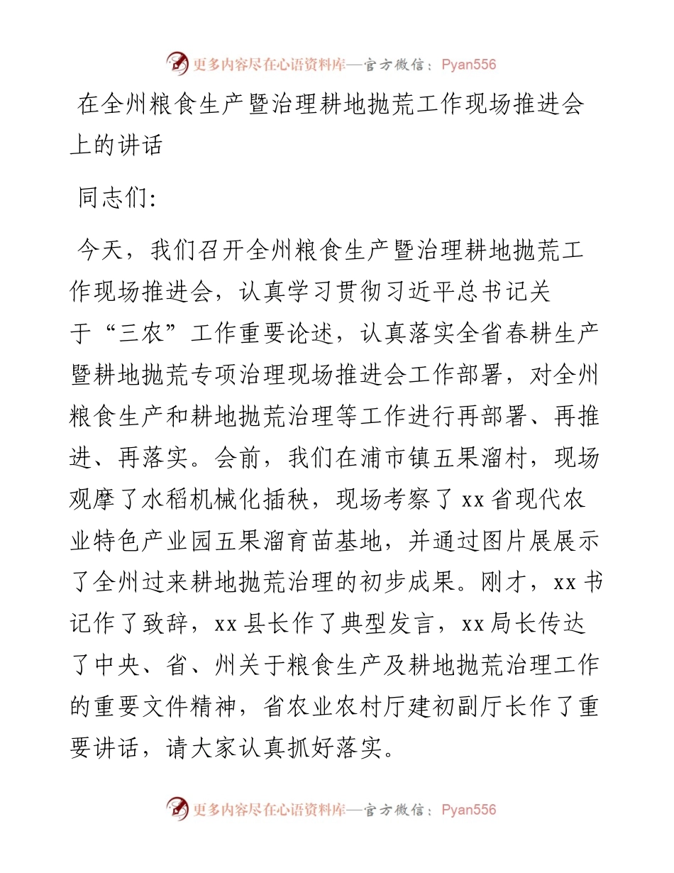 在全州粮食生产暨治理耕地抛荒工作现场推进会上的讲话.docx_第1页