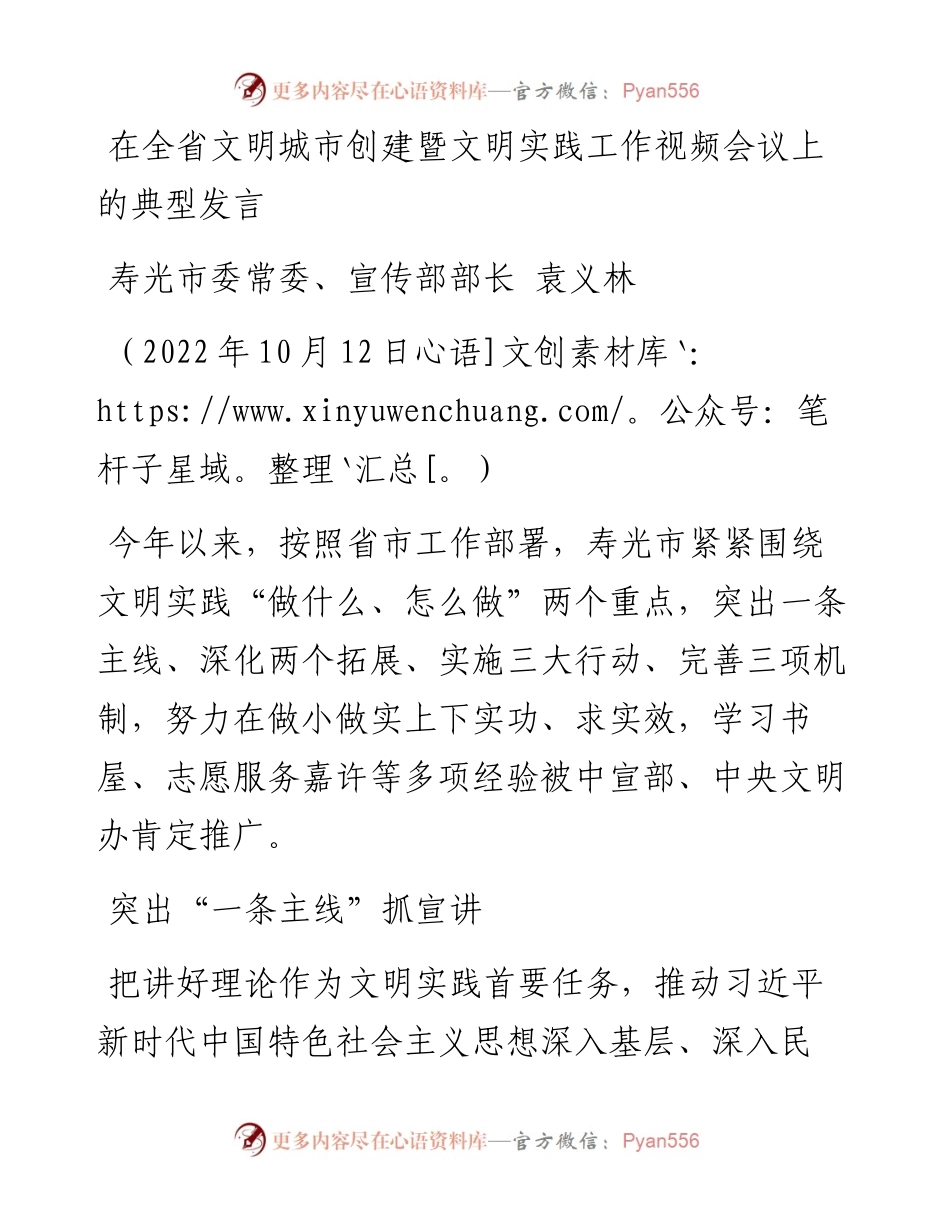 在全省文明城市创建暨文明实践工作视频会议上的典型发言（1012）.docx_第1页