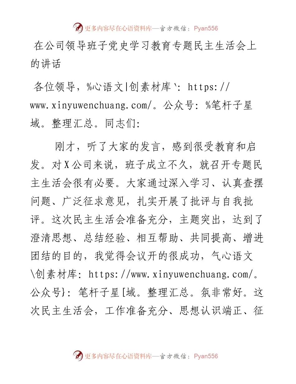 在公司领导班子党史学习教育专题民主生活会上的讲话_6.docx_第1页