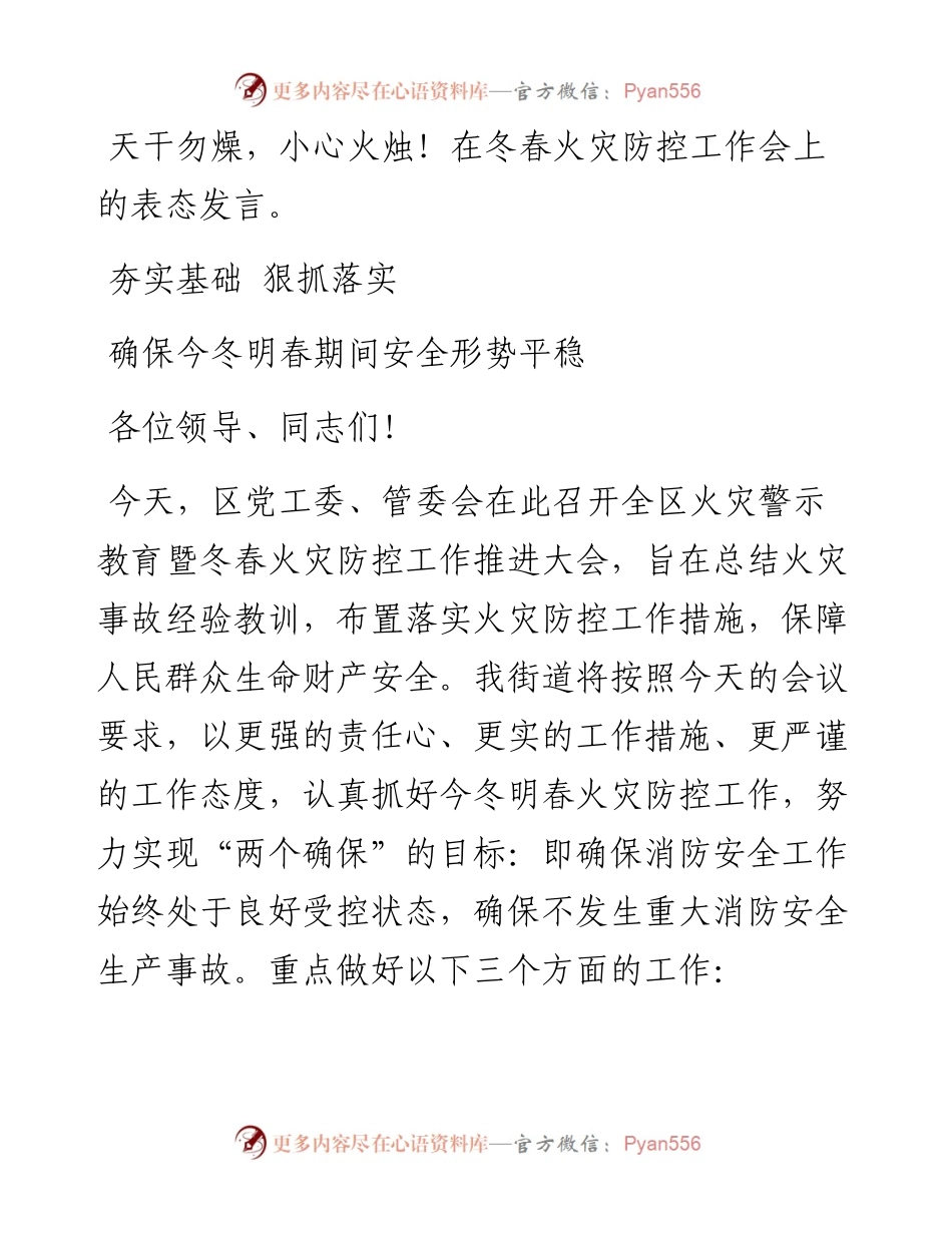 在冬春火灾防控工作会议上的表态发言.docx_第1页