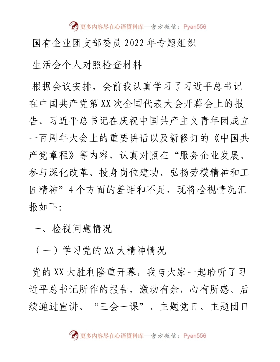 国有企业团支部委员专题组织生活会个人对照检查材料.docx_第1页