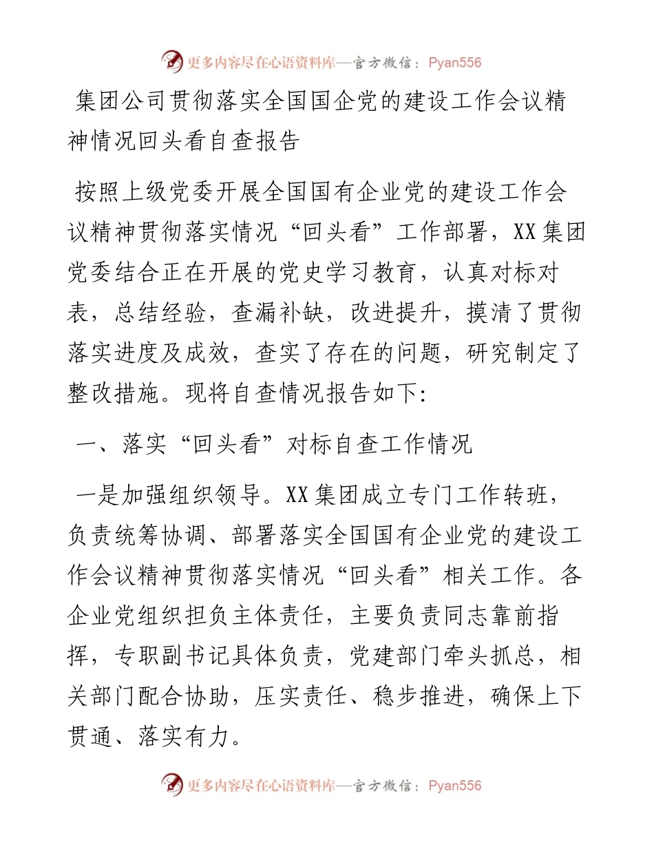 国企党建回头看：贯彻落实国企党的建设工作会议精神情况回头看自查报告.docx_第1页