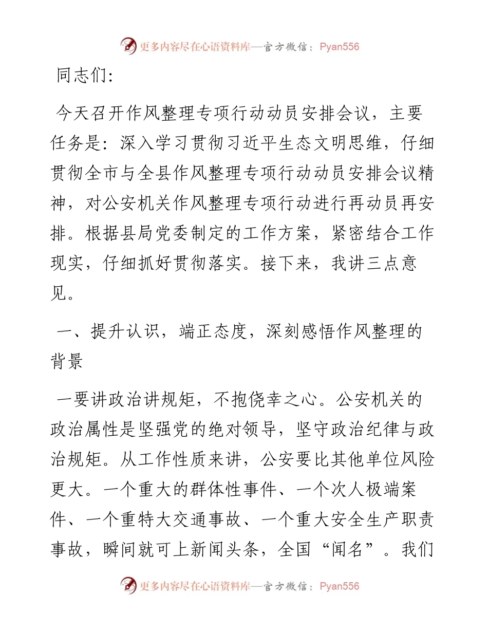 在公安机关作风整理专项行动动员安排会上的讲话.docx_第1页