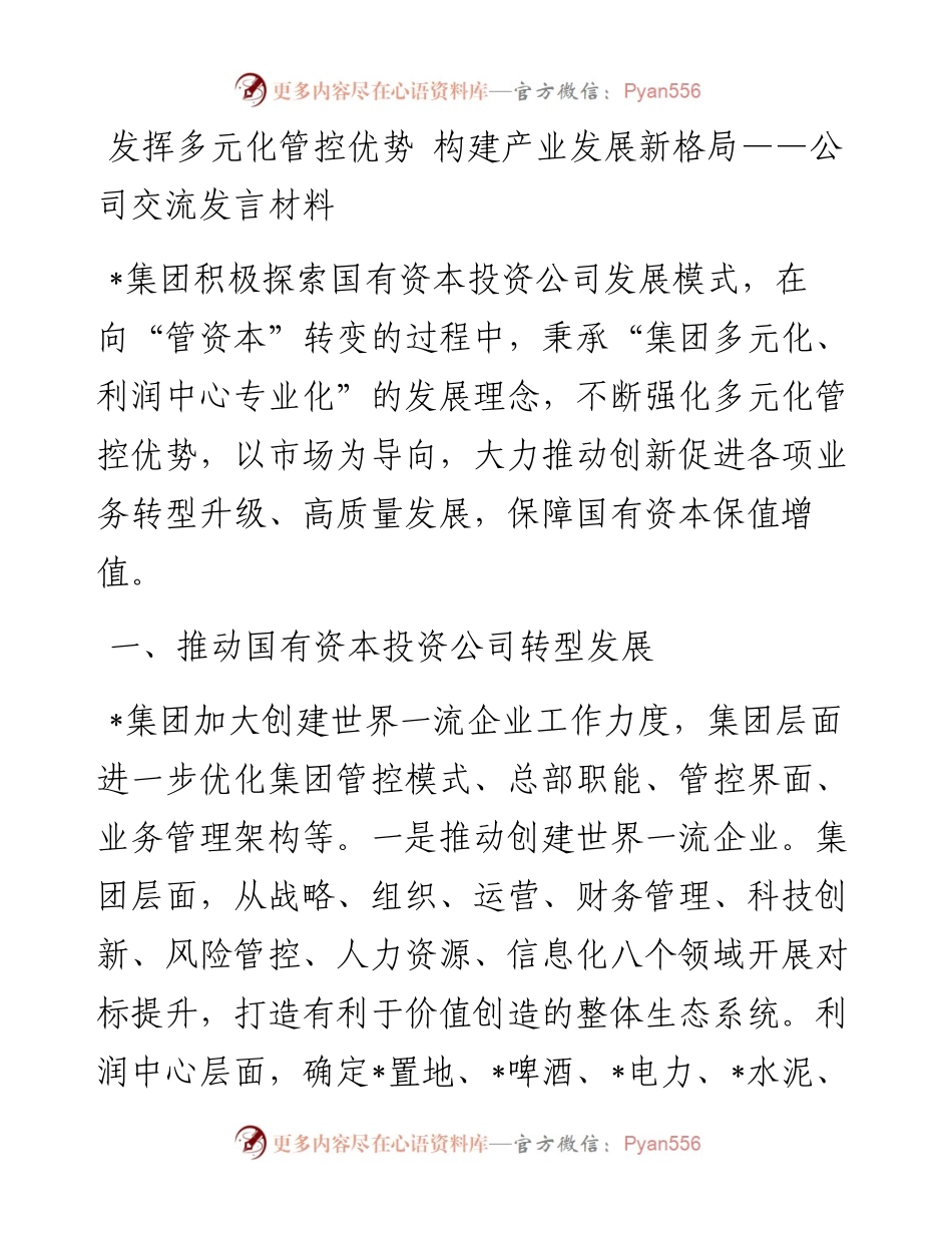 发挥多元化管控优势 构建产业发展新格局——公司交流发言材料.docx_第1页
