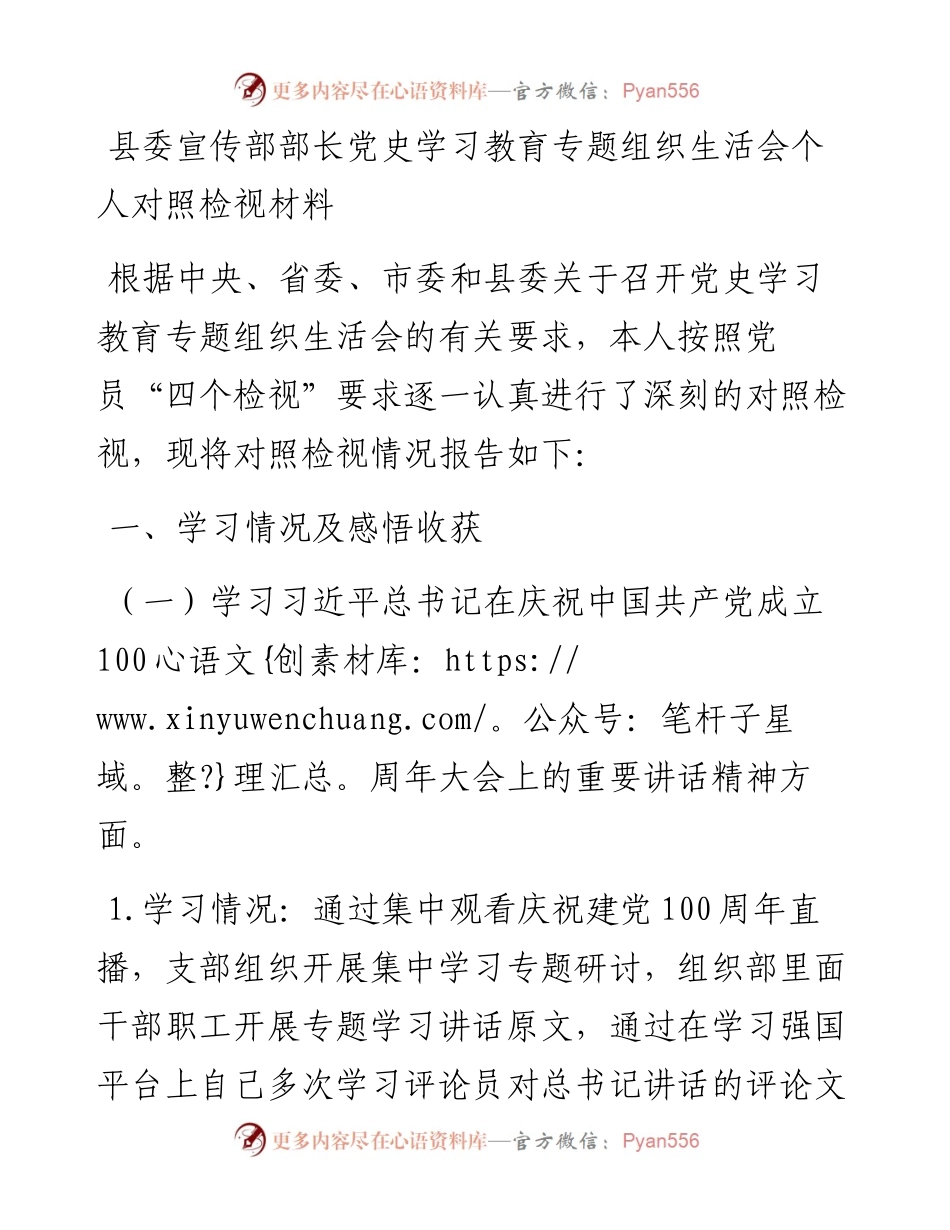 县委宣传部部长党史学习教育专题组织生活会个人对照检视材料.docx_第1页