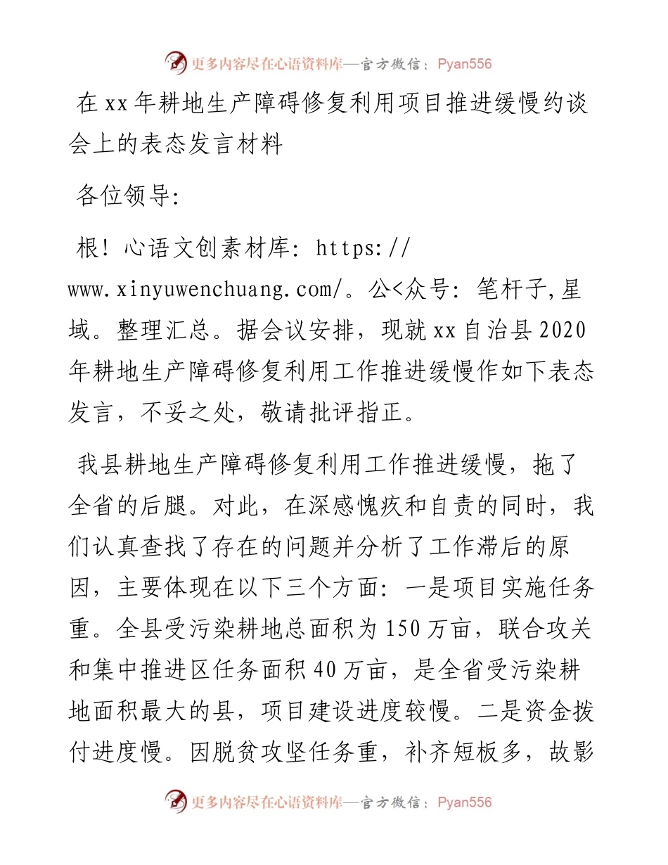 县耕地生产障碍修复利用项目推进情况表态发言材料.docx_第1页