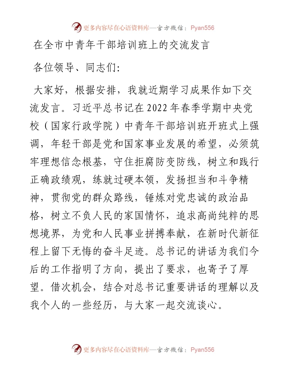 在全市中青年干部培训班上的发言.docx_第1页