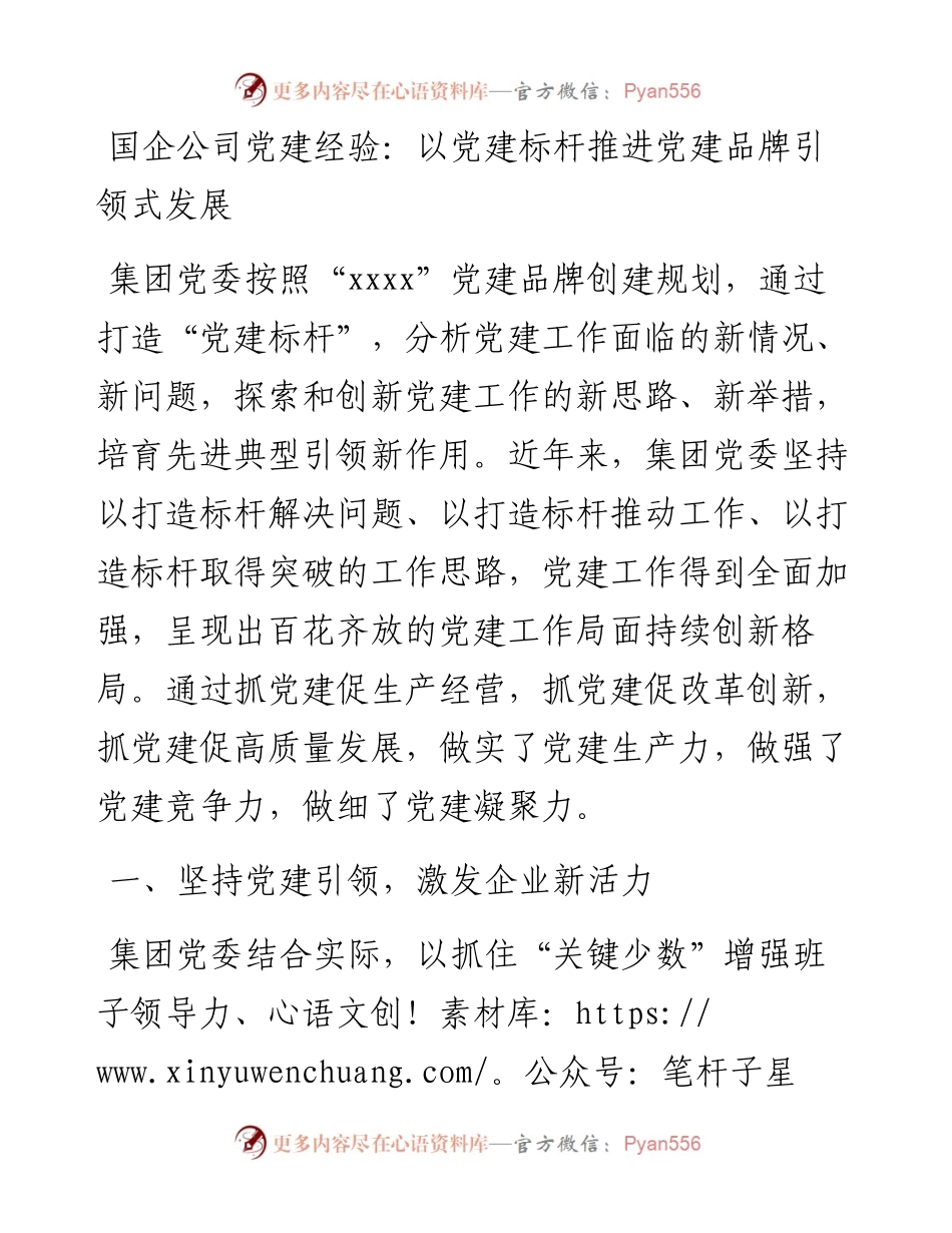 国企公司党建经验：以党建标杆推进党建品牌引领式发展.docx_第1页