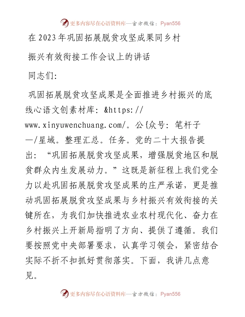 在2023年巩固拓展脱贫攻坚成果同乡村振兴有效衔接工作会议上的讲话.docx_第1页