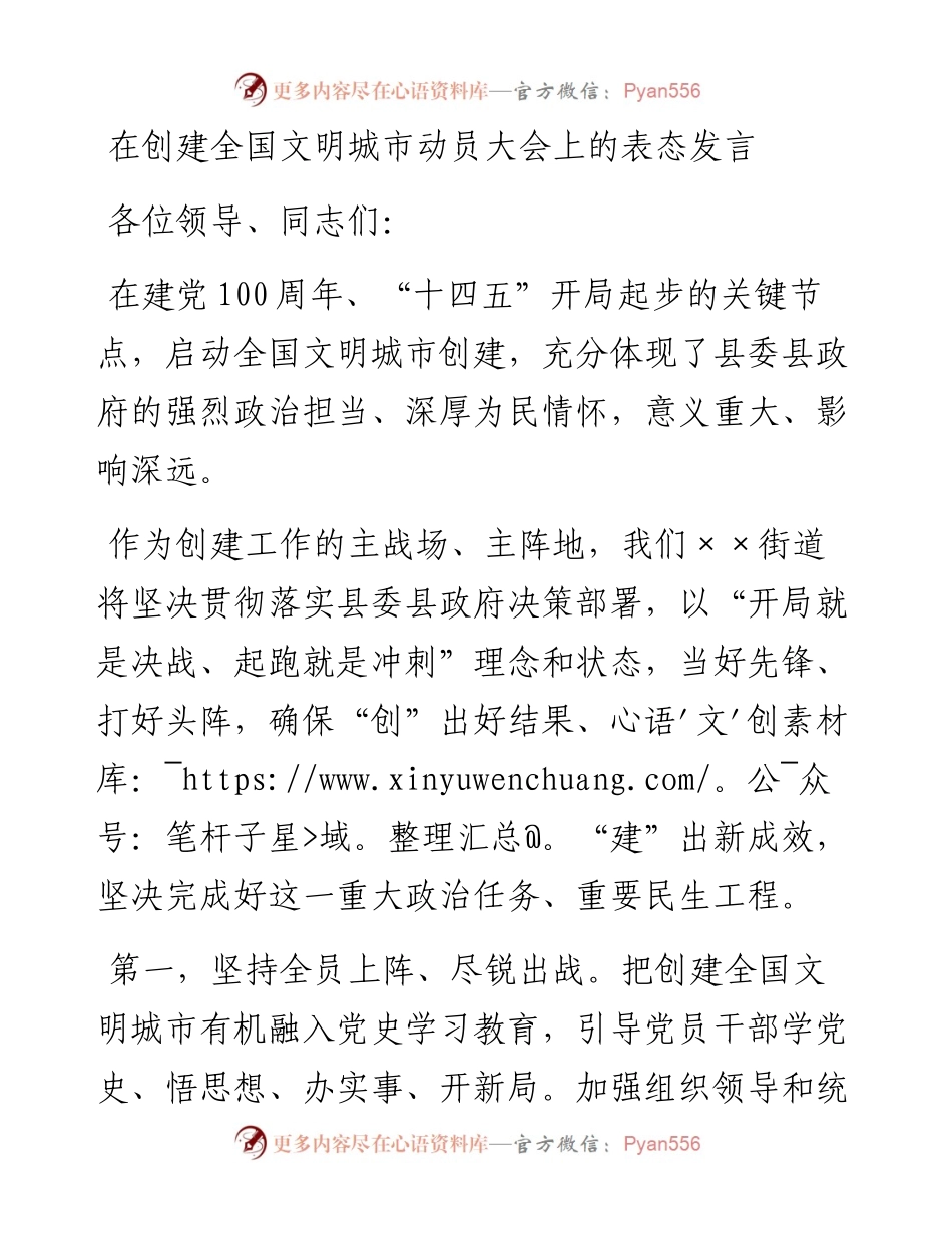 在创建文明城市动员大会上的表态发言.docx_第1页