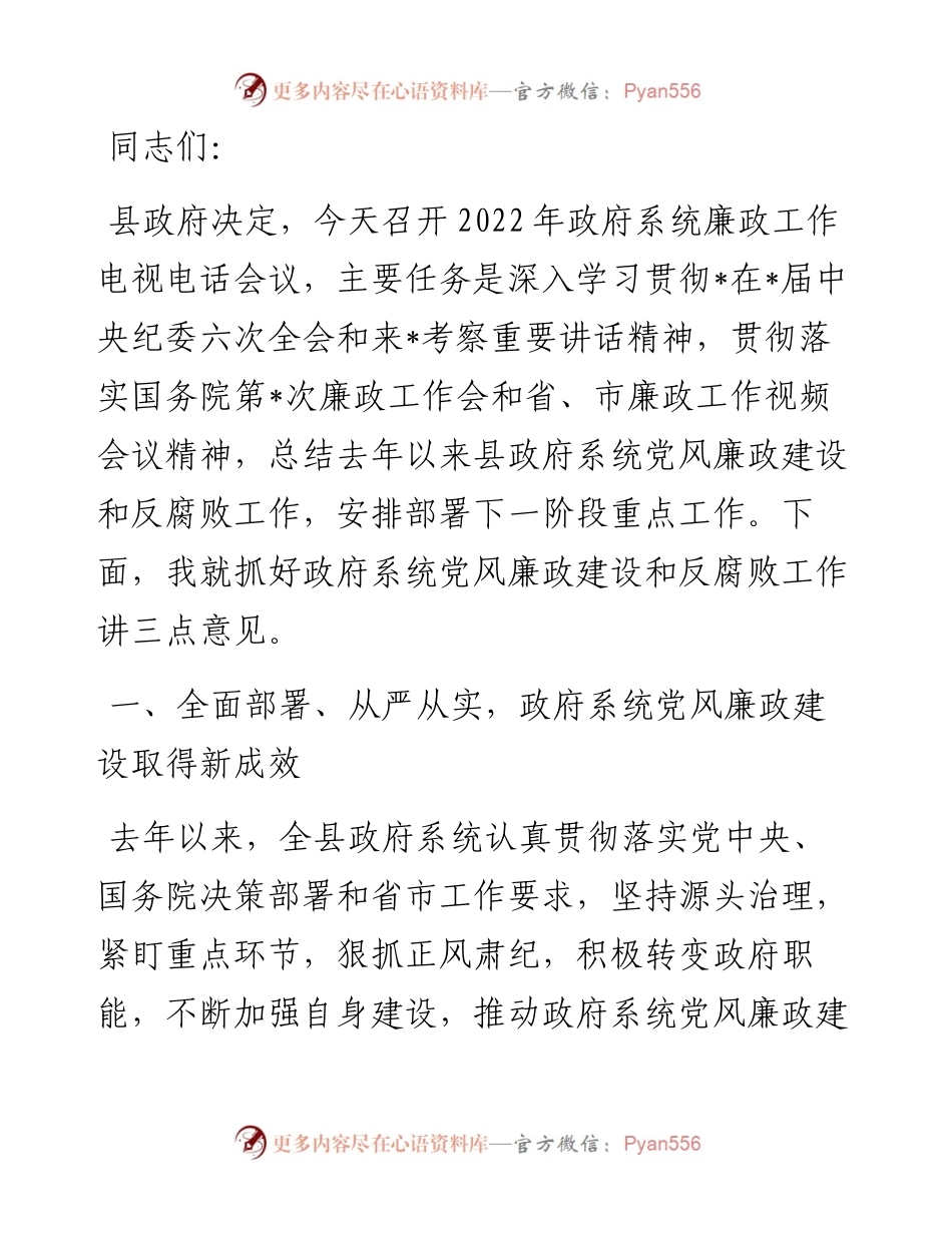 县长在政府系统廉政工作电视电话会议上的讲话.docx_第1页