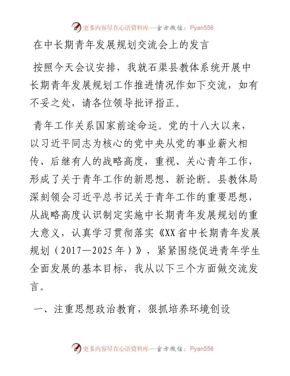 在中长期青年发展规划交流会上的发言.docx_第1页