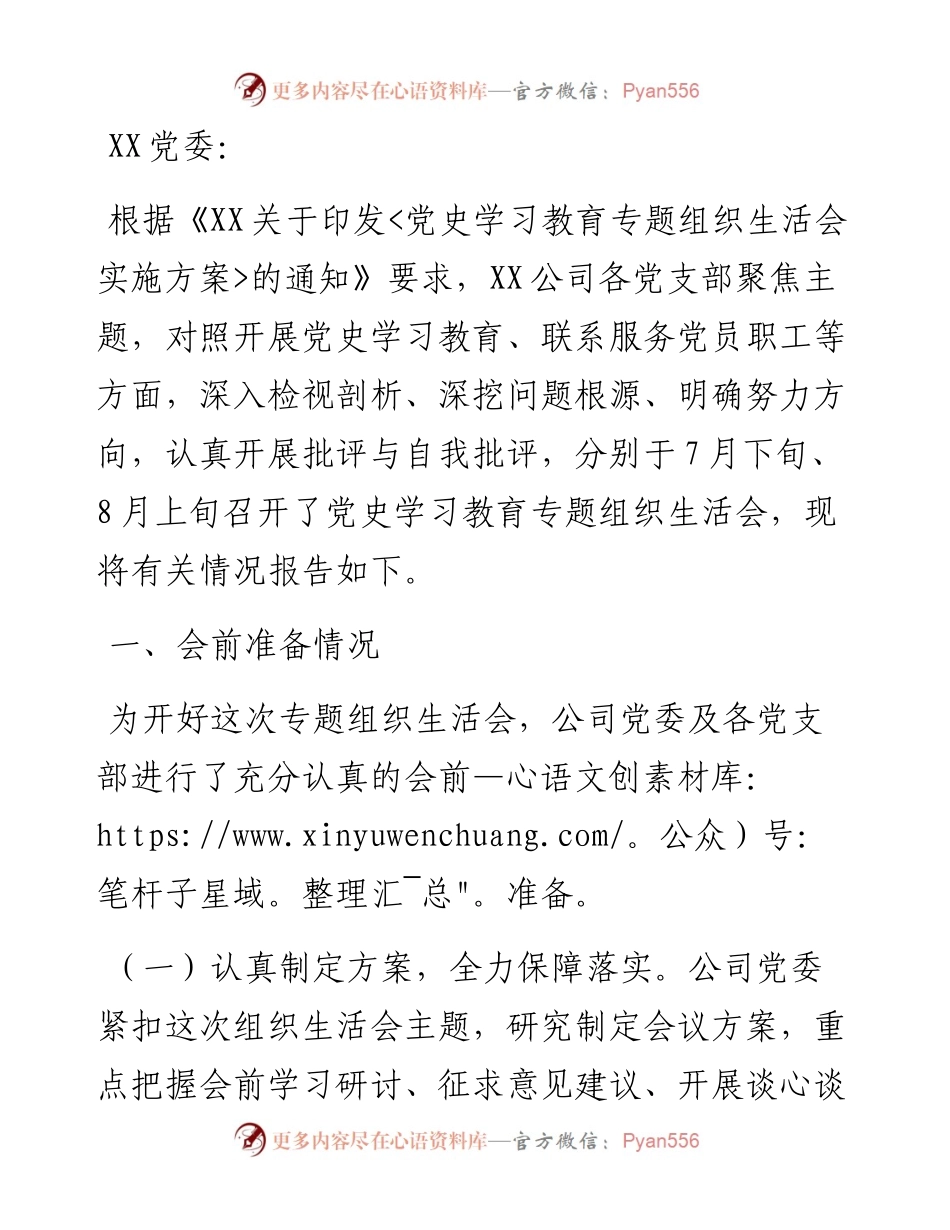 国企党委关于党史学习教育专题组织生活会召开情况的报告.docx_第1页