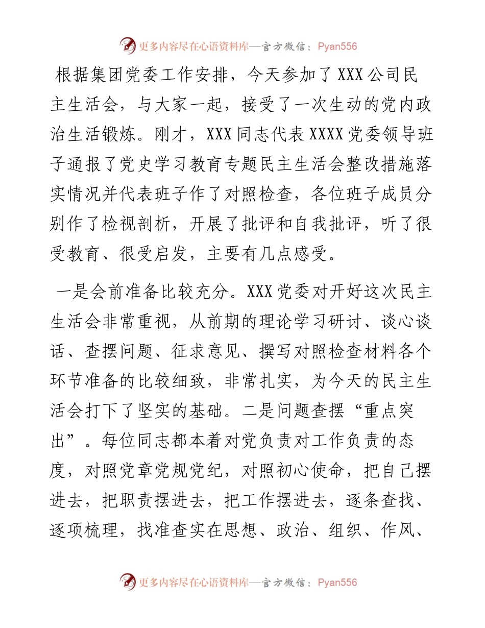 国有企业党史学习教育专题民主生活会点评提纲.docx_第1页