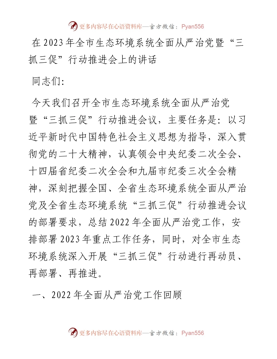 在2023年全市生态环境系统全面从严治党暨“三抓三促”行动推进会上的讲话.docx_第1页
