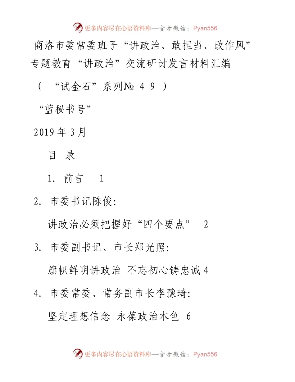 发言系列49（11篇）商洛市委常委班子“讲政治、敢担当、改作风”专题教育“讲政治”交流研讨发言材料汇编.docx_第1页