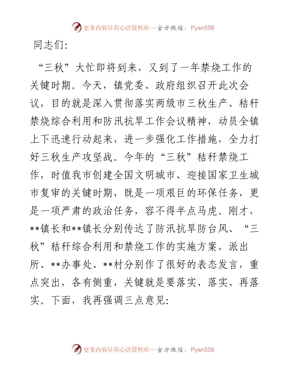 在全镇三秋生产暨秸秆禁烧会议上的讲话.docx_第1页