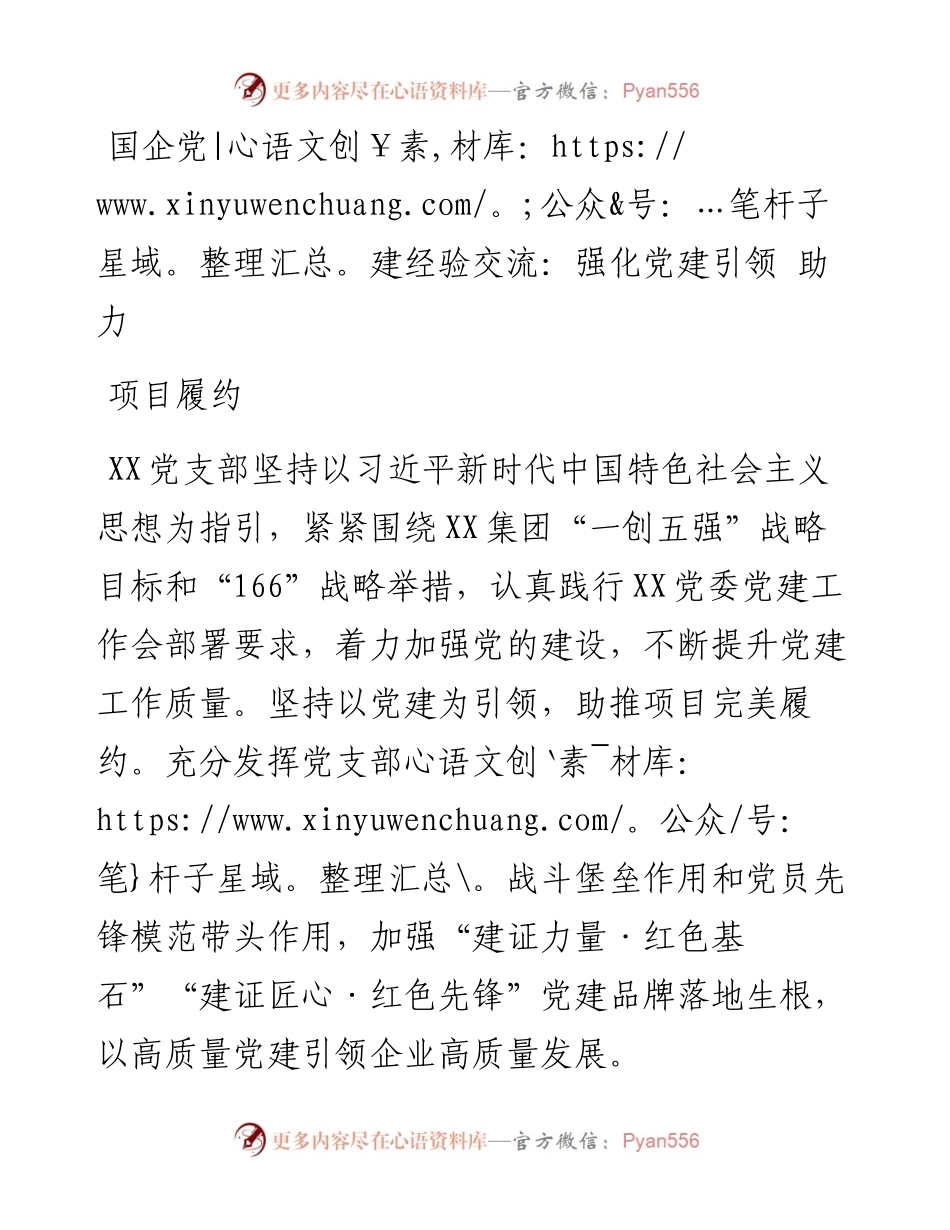 国企党建经验交流：强化党建引领 助力项目履约.docx_第1页