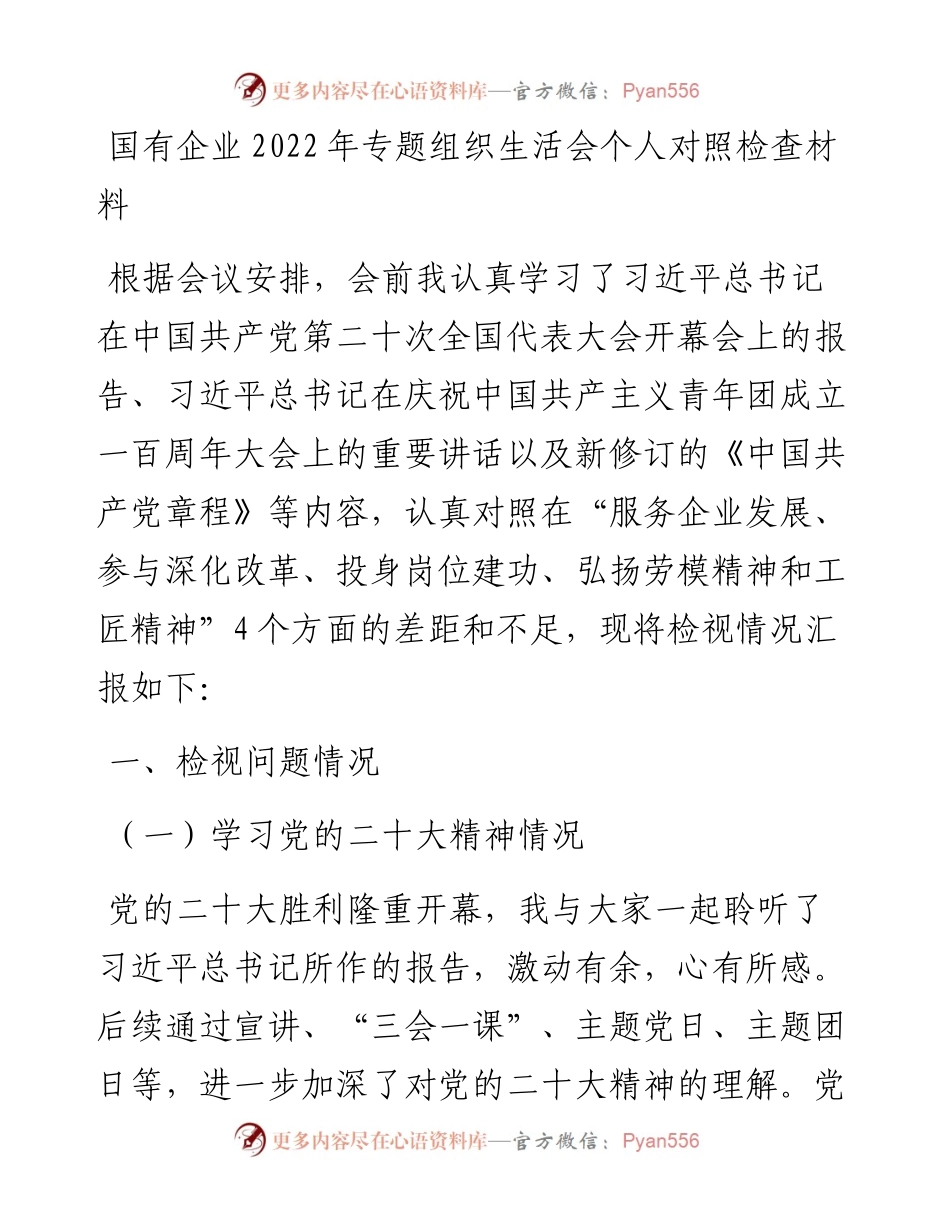 国有企业专题组织生活会个人对照检查材料.docx_第1页