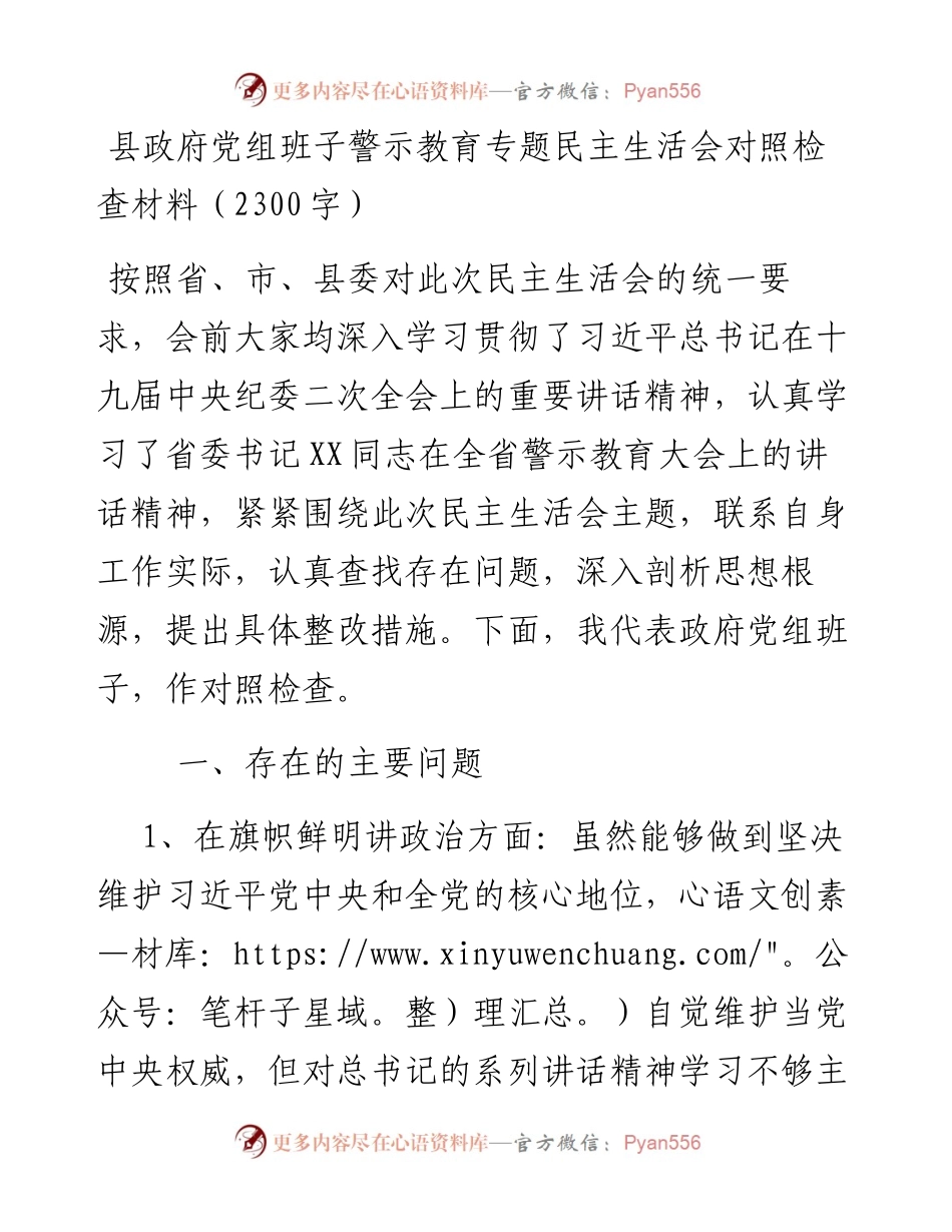 县政府党组班子警示教育专题民主生活会对照检查材料（2300字）_5.docx_第1页
