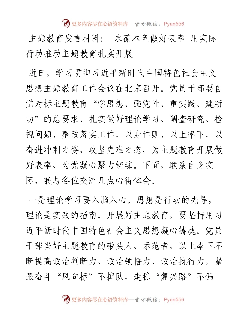 发言材料：+永葆本色做好表率+用实际行动推动主题教育扎实开展.docx_第1页