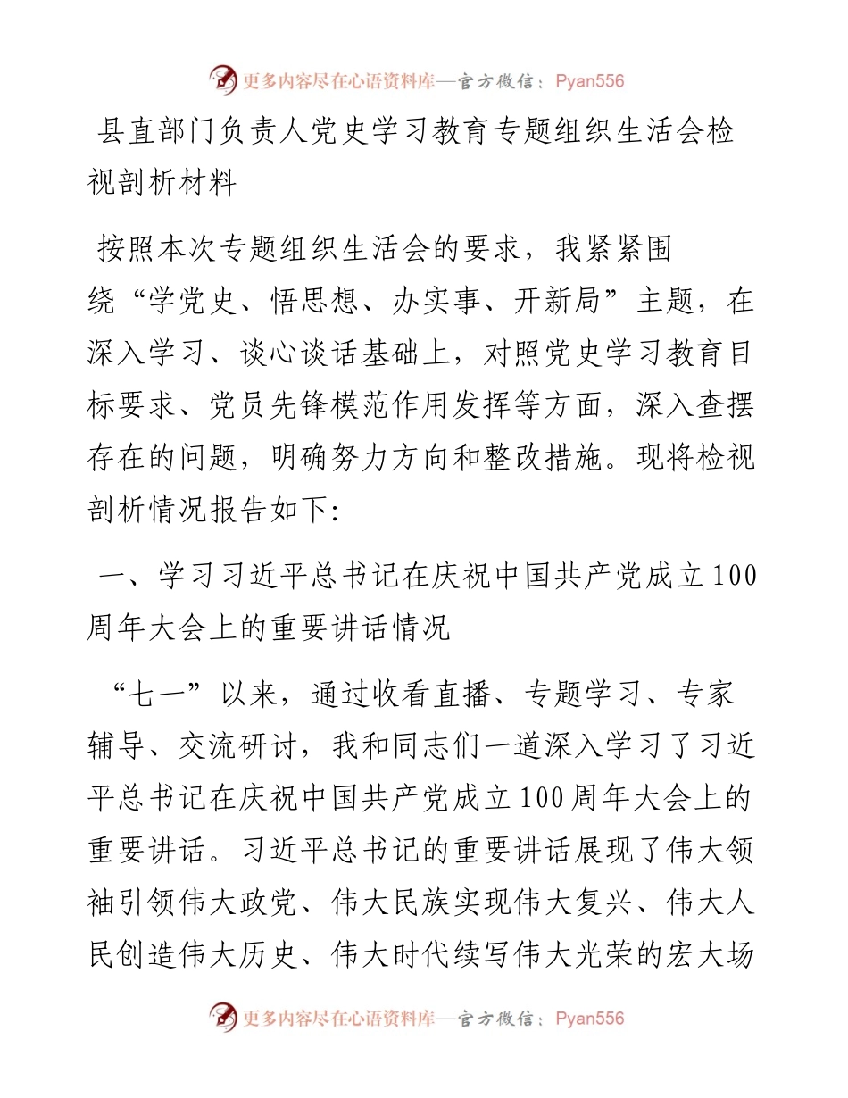 县直部门负责人党史学习教育专题组织生活会检视剖析材料.docx_第1页