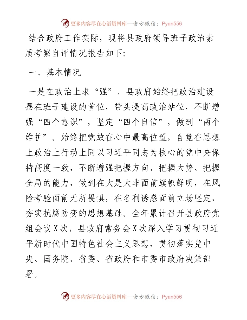 县政府领导班子政治素质考察自评报告.docx_第1页