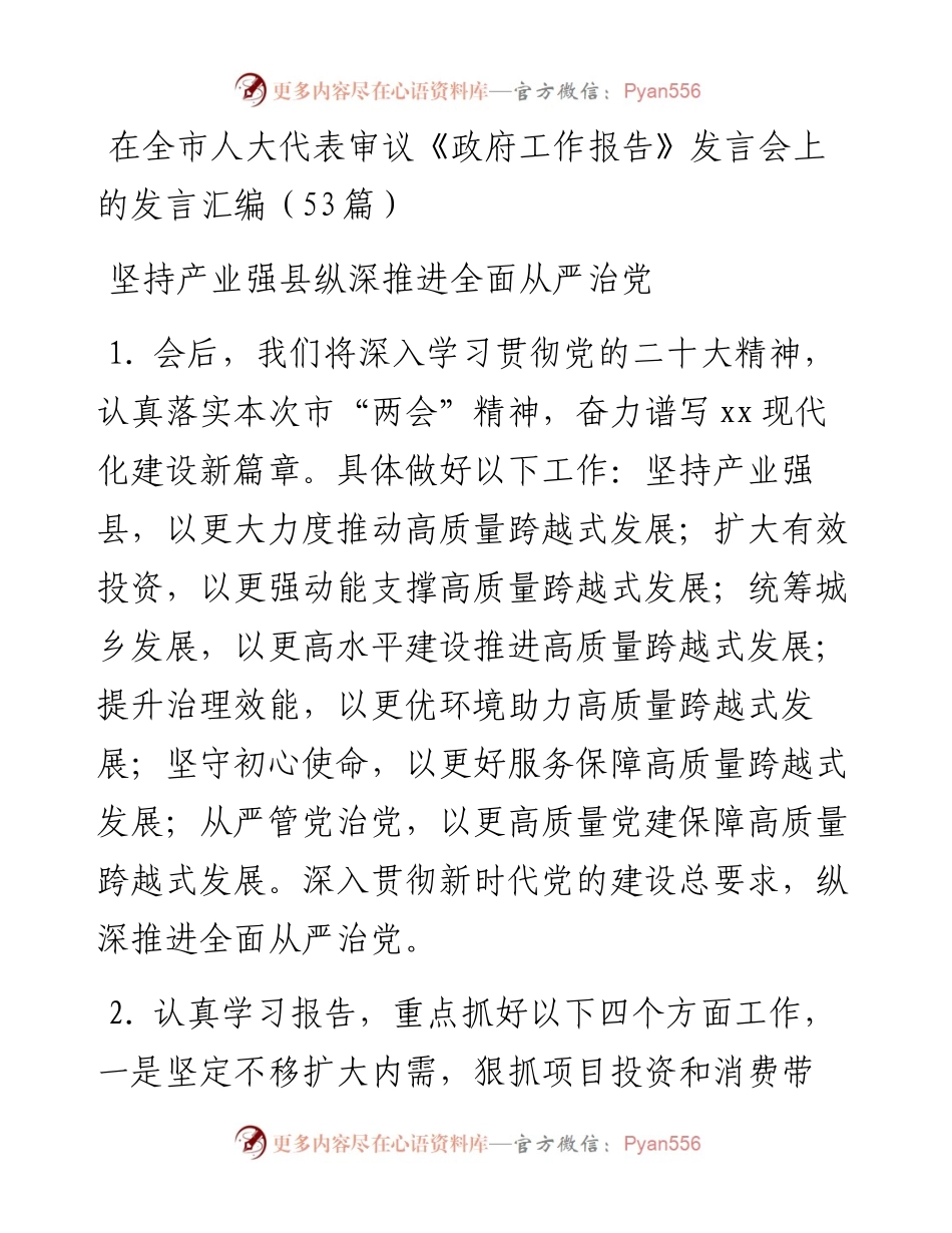在全市人大代表审议《政府工作报告》发言会上的发言汇编（53条）.docx_第1页