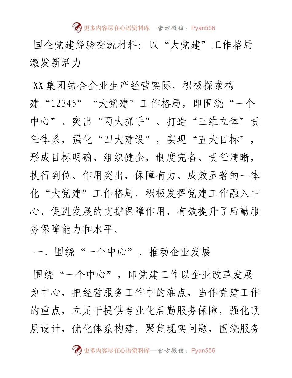 国企党建经验交流材料：以“大党建”工作格局激发新活力.docx_第1页