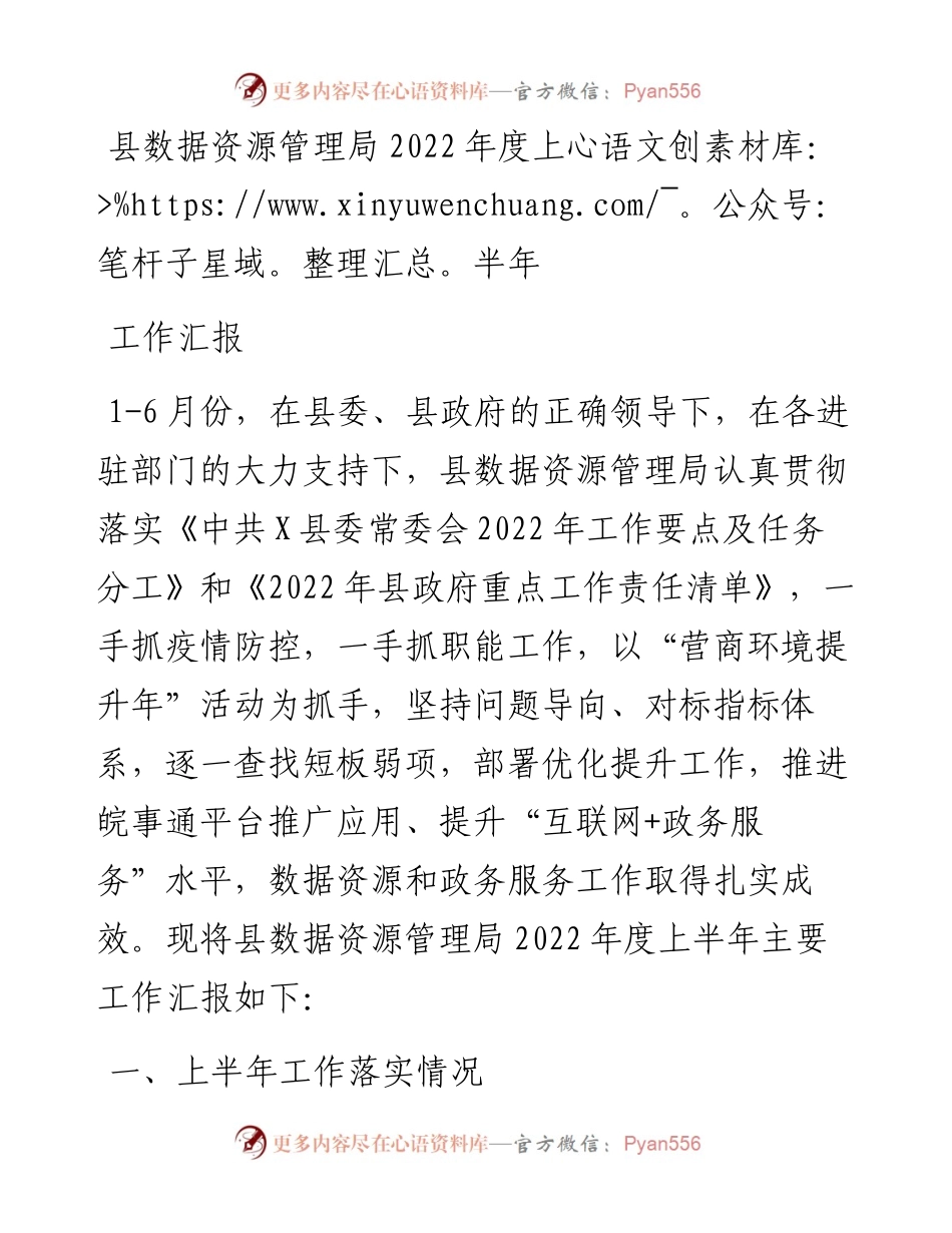 县数据资源管理局度上半年工作汇报.docx_第1页