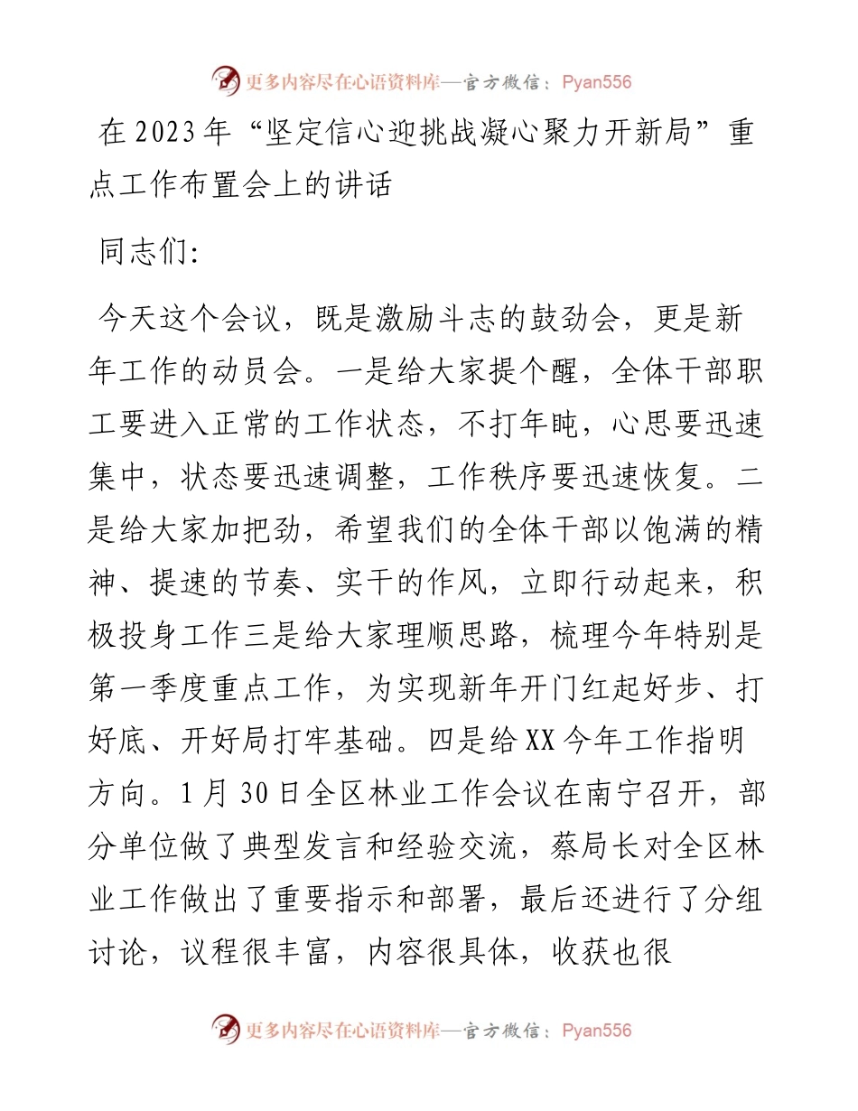 在2023年“坚定信心迎挑战凝心聚力开新局”重点工作布置会上的讲话.docx_第1页
