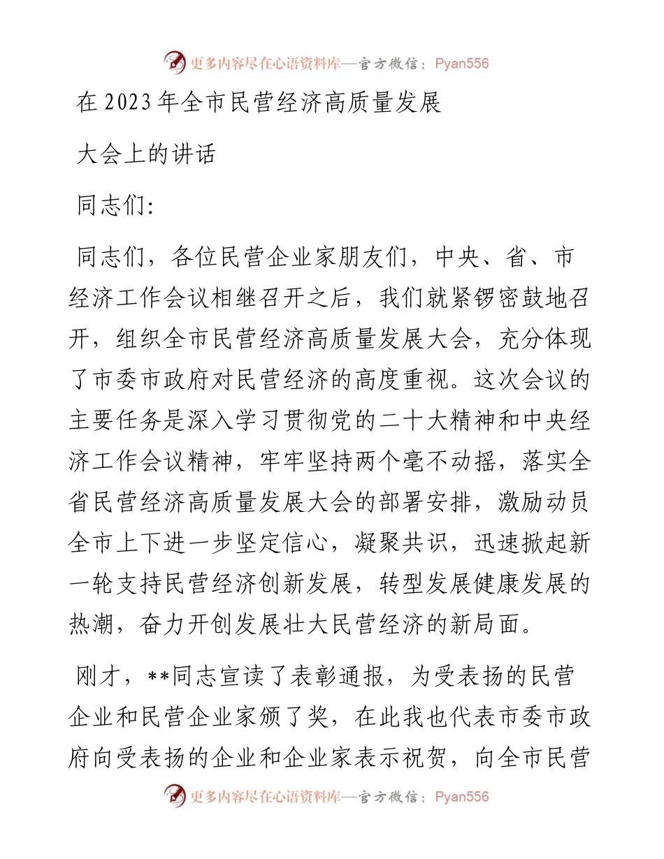 在2023年全市民营经济高质量发展大会上的讲话.docx_第1页