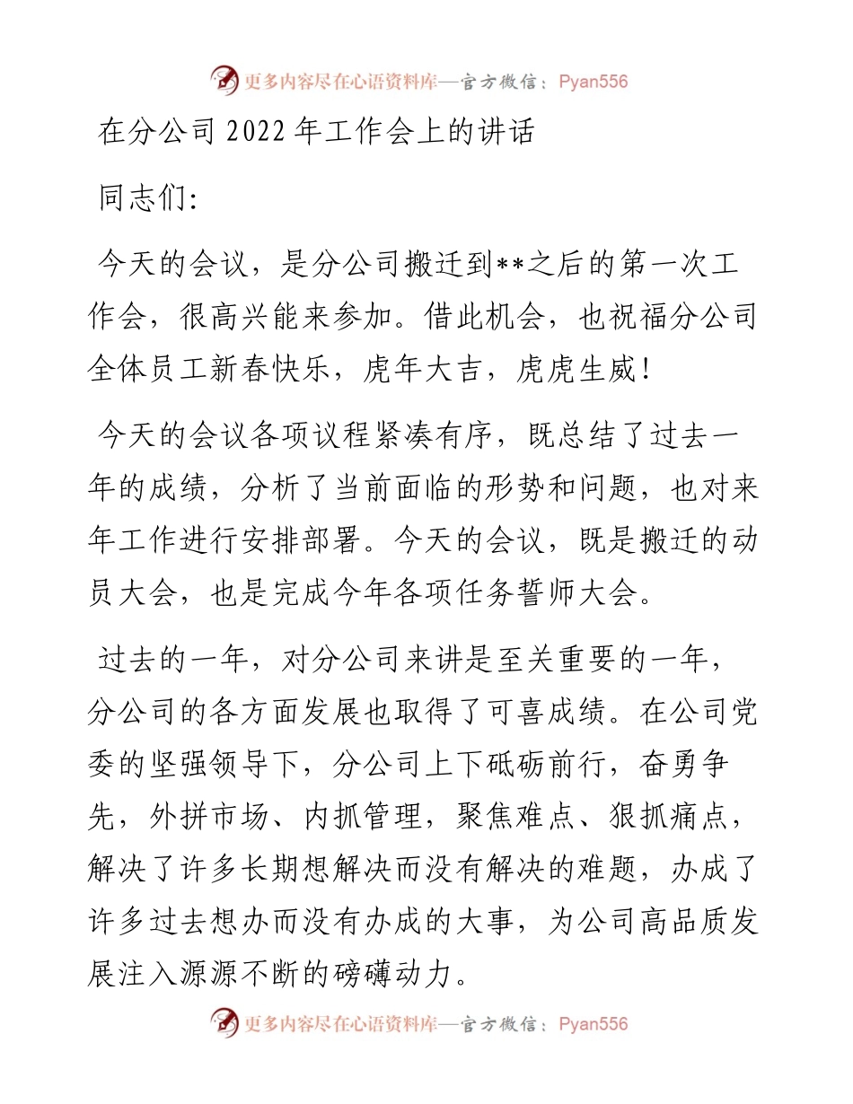 在分公司工作会上的讲话.docx_第1页