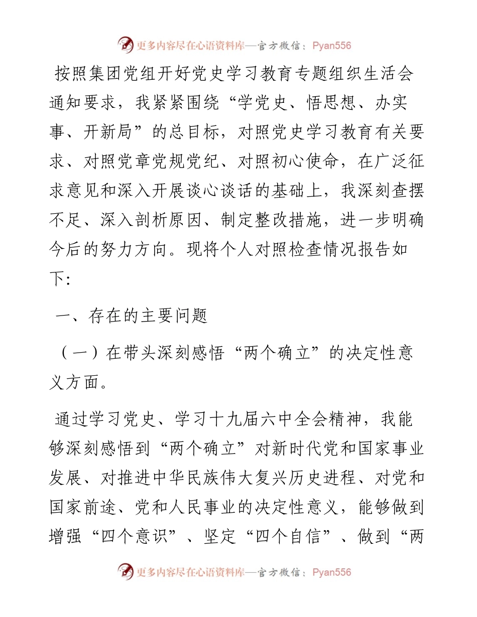 国企业副总经理党史学习教育五个带头专题民主生活会对照检查材料.docx_第1页