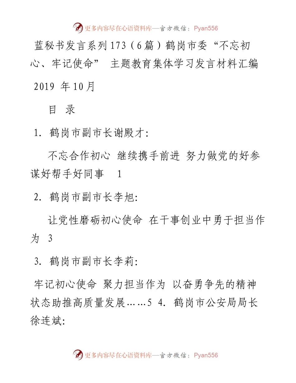 发言系列173（6篇）鹤岗市委“不忘初心、牢记使命” 主题教育集体学习发言材料汇编.docx_第1页
