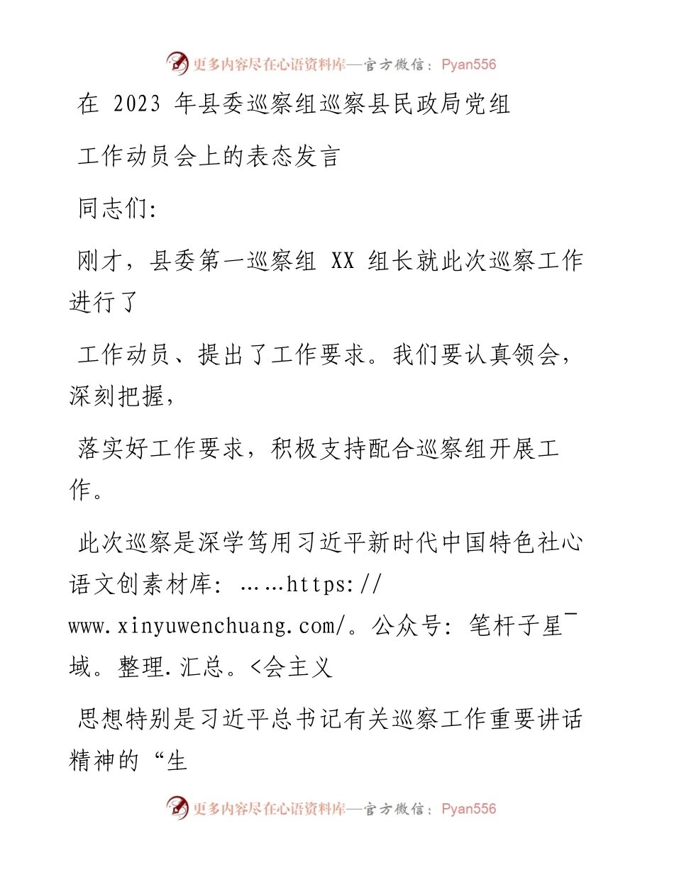 在2023年县委巡察组巡察县民政局党组工作动员会上的表态发言.docx_第1页