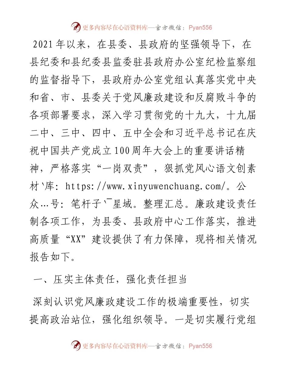 县政府办公室党组落实党风廉政建设责任制工作汇报.docx_第1页