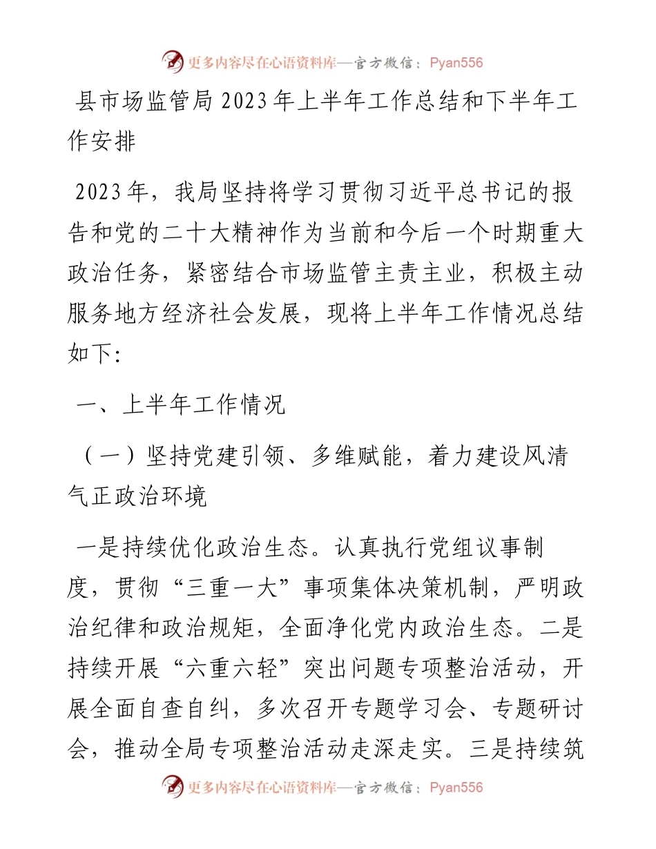 县市场监管局2023年上半年工作总结和下半年工作安排.docx_第1页