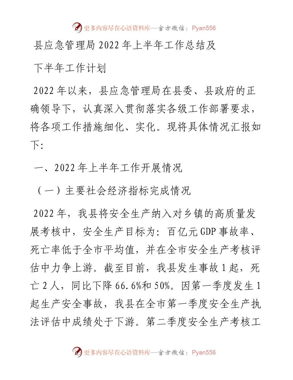 县应急管理局上半年工作总结及下半年工作计划.docx_第1页